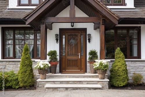 Main entrance door in house. Wooden front door with gabled porch and landing. © ORG