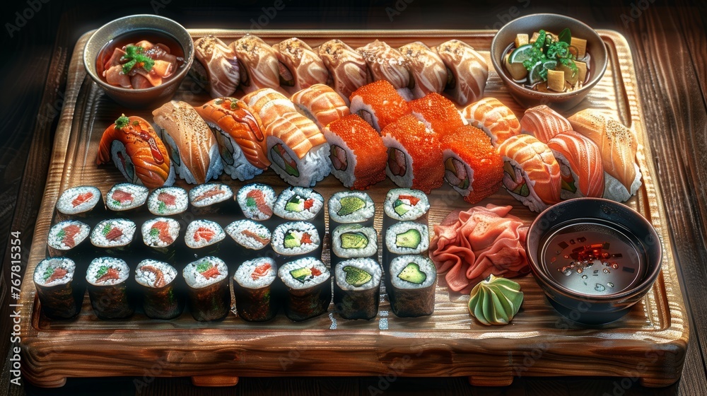 Sumptuous sushi feast with a diverse selection of rolls and nigiri, perfect for dining connoisseurs