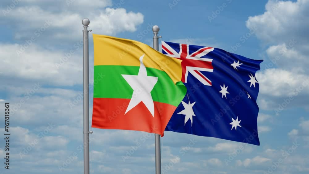 Australia and Myanmar two flags waving together, looped video, two country relations concept Australia and Myanmar two flags waving together, looped video, two country relations concept