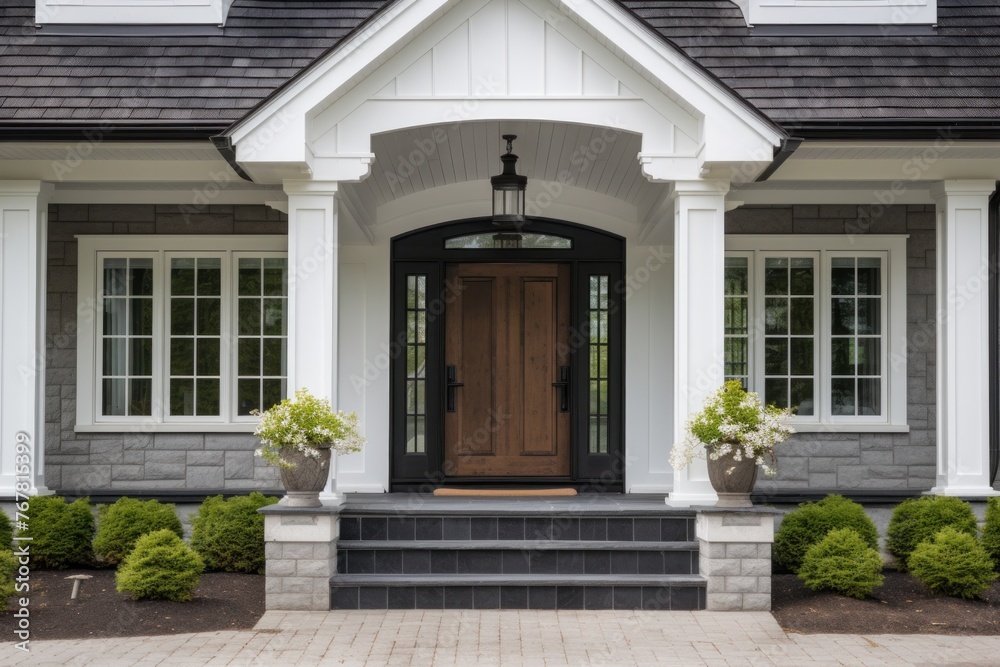 Main entrance door in house. Wooden front door with gabled porch and landing.