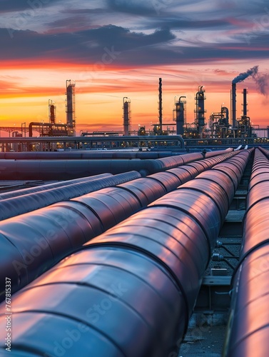 A closeup of a petrochemical pipeline network at sunset emphasizing the vast and interconnected nature of the industry