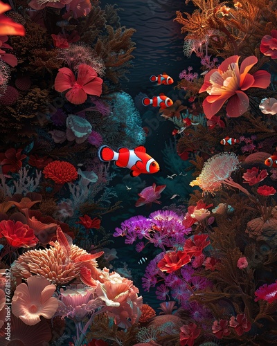 A clownfish with neon red stealth cloaking  darting through anemone forests