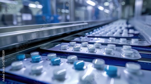 A detailed view of a pharmaceutical packaging line with blister packs highlighting efficiency and hygiene in drug packaging