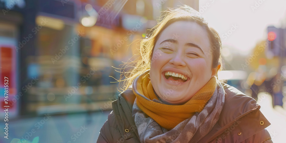 Woman with Down Syndrome Beaming with Happiness. Learning Disability
