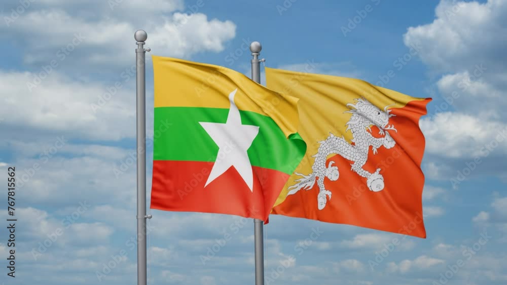 Myanmar and Bhutan two flags waving together, looped video Myanmar and Bhutan two flags waving together, looped video