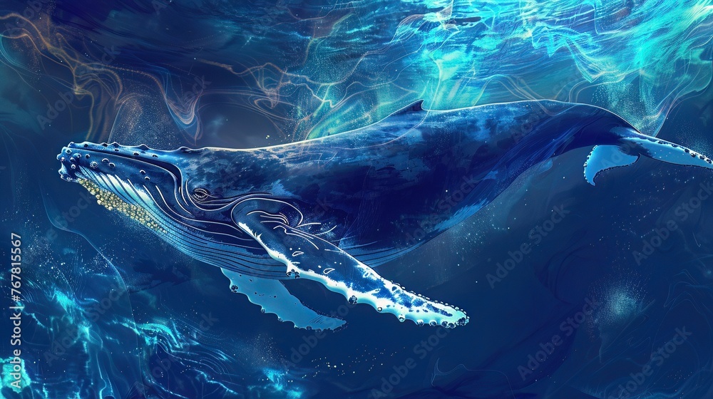 Fototapeta premium A humpback whale with neon blue echo waves, singing in the vast ocean expanse