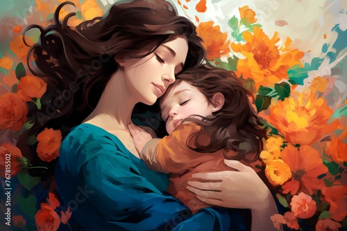Mother hugs her child. Mothers Day. Can be used to illustrate texts about the relationship between parents and children.