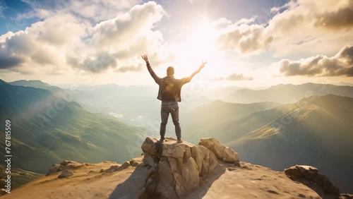 Hiker with arms outstretched standing on top of a mountain peak, Hiker celebrating success on the top of a mountain, Full rear view, high hands over head, AI Generated photo