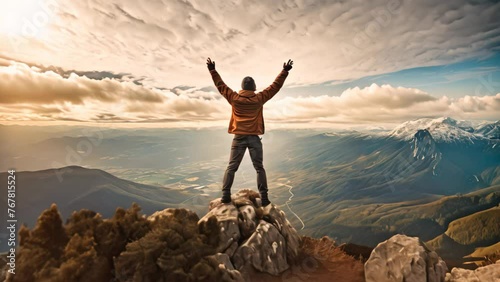 Man on top of the mountain raised hands up. Freedom and success concept, Hiker celebrating success on the top of a mountain, Full rear view, high hands over head, AI Generated photo