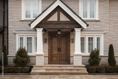 Main entrance door in house. Wooden front door with gabled porch and landing. © ORG