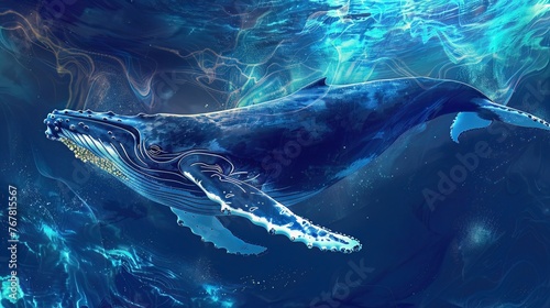 A humpback whale with neon blue echo waves, singing in the vast ocean expanse