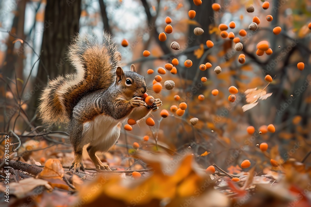A squirrel with neon orange acorn bombs, darting through an autumn forest A squirrel with neon orange acorn bombs, darting through an autumn forest