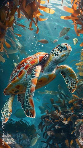 A sea turtle with a neon orange shield shell, navigating through an underwater maze of kelp