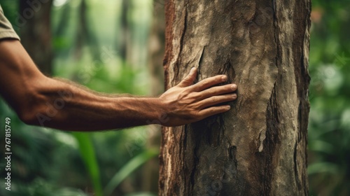 hand touch the tree trunk. Bark wood.Caring for the environment.