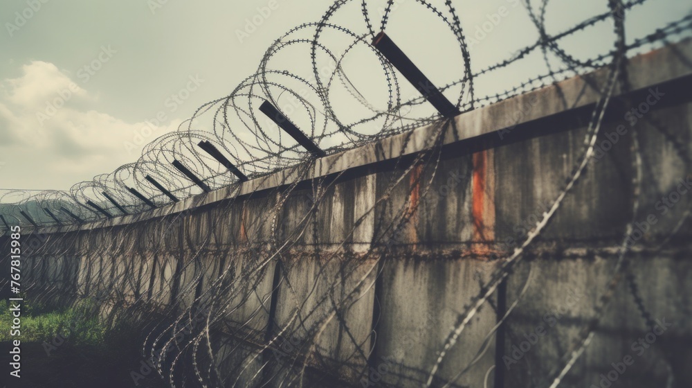 Fototapeta premium rows of barbedwire, high concrete fence, barbed wire fence on top,