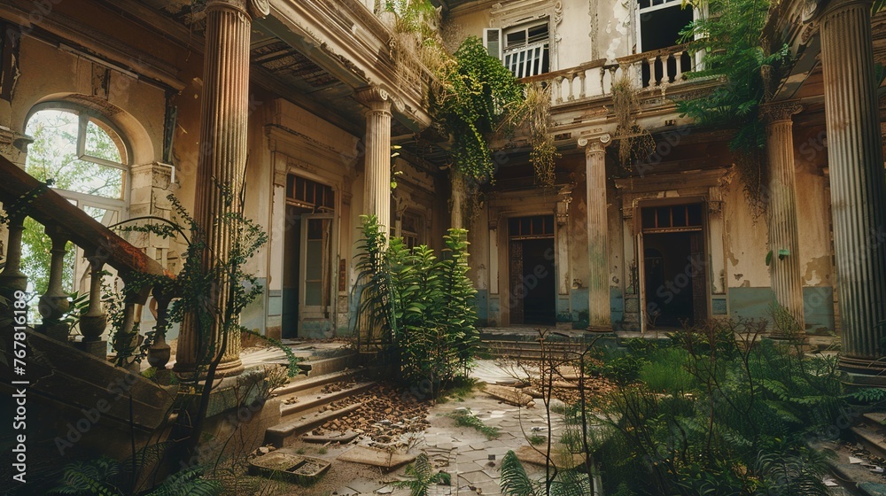 The faded grandeur of an abandoned colonial mansion, with peeling paint, overgrown gardens, and forgotten treasures hidden within its crumbling walls.