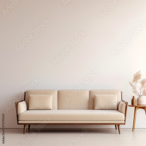 Mid century style sofa against beige empty wall with copy space.