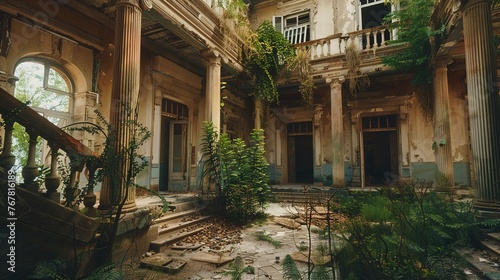 The faded grandeur of an abandoned colonial mansion, with peeling paint, overgrown gardens, and forgotten treasures hidden within its crumbling walls.