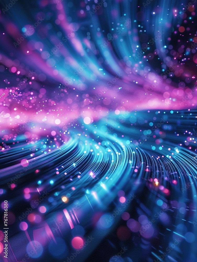 Fototapeta premium Techno Network: Neon Waves and Bokeh Lights,Futuristic Data Flux: Neon Wave Dynamics
