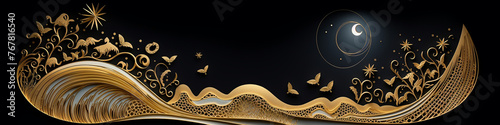 crescent moon fairy tale night stars clouds black background. long, narrow, panorama, line