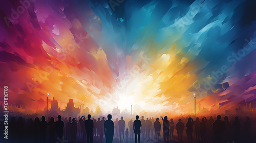 multicolored crowd, a row of silhouettes of people , drawing watercolor style multicultural society, performance concert, rainbow spectrum background gradient