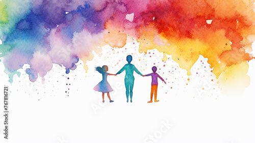 watercolor spots of freedom multicolored ink on a white background, silhouette of  group people, idea creativity, friendship family training