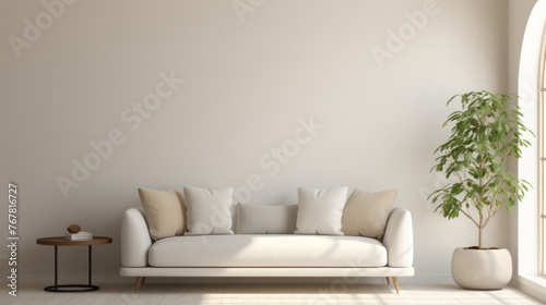 Mid century style sofa against beige empty wall with copy space. © ORG