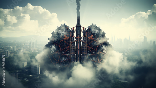 carbon footprint, smoke pollution of the atmosphere, pipes with smoke in the shape of human lungs, air pollution, eco concept fictional design poster