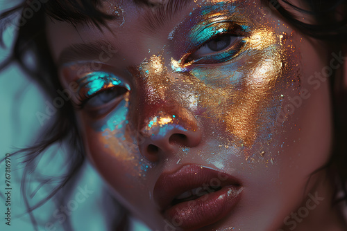 Closeup portrait of beautiful woman with shiny glitter make up