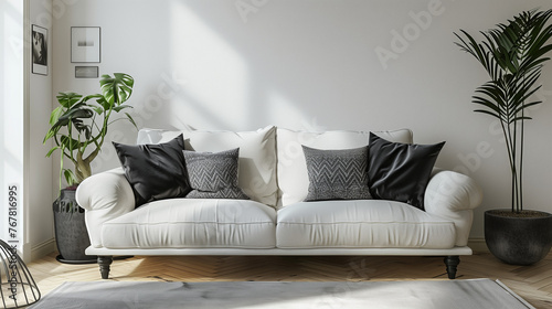 Interior of living room with white sofa and black pillows 3d rendering, Ai, modern minimalist interior design of living room with white sofa, black pillows and white wall.