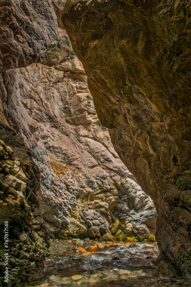 Warm sunlight filters through a narrow canyon, illuminating a gentle stream below rocky walls