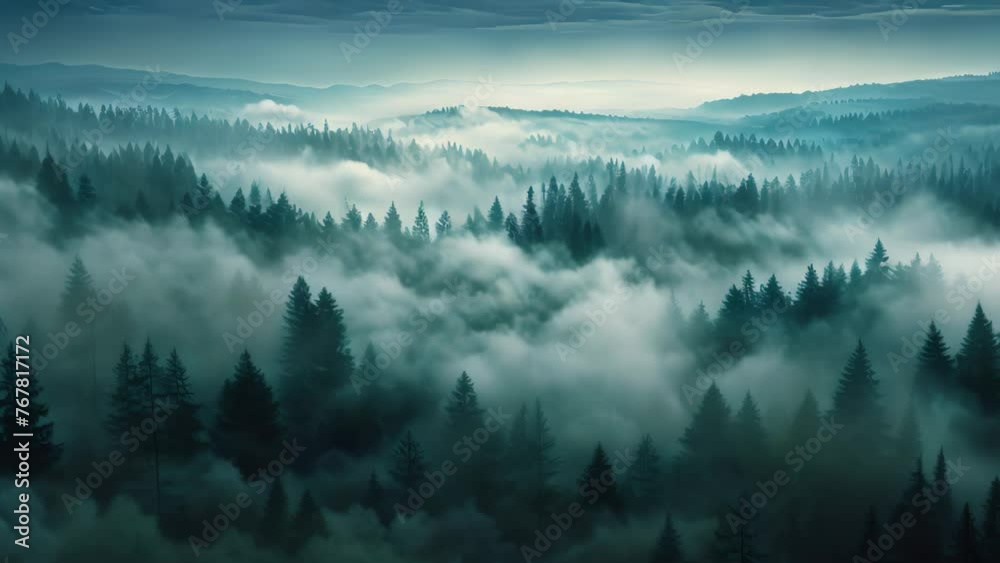 Foggy morning in the mountains. Landscape with coniferous forest, Misty dark forest aerial landscape view, AI Generated Foggy morning in the mountains. Landscape with coniferous forest, Misty dark forest aerial landscape view, AI Generated