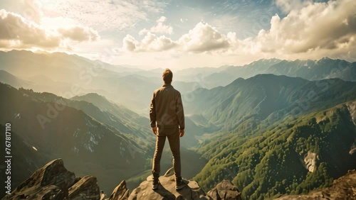 Man standing on the edge of the cliff and looking at the valley, Male tourist standing on top of a mountain and enjoying the nature view, rear view, full body, AI Generated photo