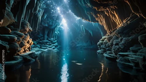 Beautiful underwater cave with crystal clear water. 3D Rendering, mesmerizing underwater cave system full of stunning stalactite formations, bioluminescent creatures, hidden chambers, AI Generated photo
