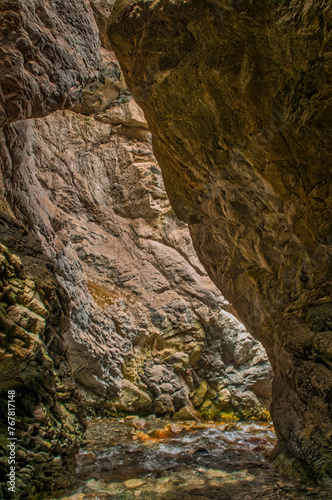 Warm sunlight filters through a narrow canyon  illuminating a gentle stream below rocky walls