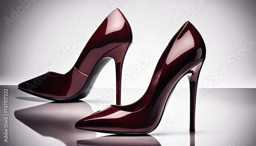 A pair of glossy red high heels reflects on the shiny surface below, a symbol of fashion and sophistication.