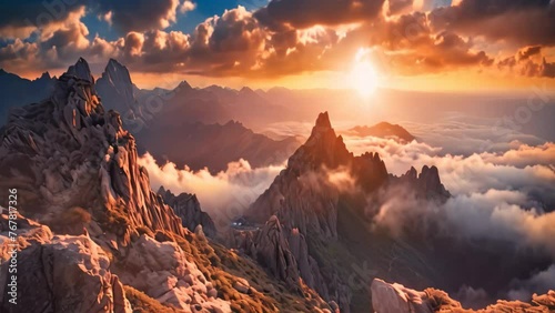 Fantastic sunrise in the mountains. Dramatic scene. Beauty world, Mountain top landscape view with clouds at sunset, AI Generated photo