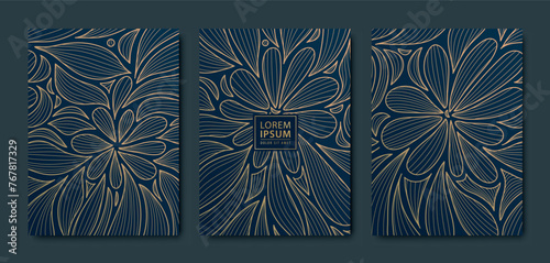 Vector set of luxury floral line patterns, art deco cards with leaves and florals. Royal plant ornament. Golden on black. Fancy wedding invites, perfume, wine package, flyers, labels