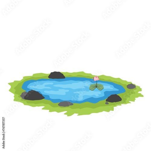 Illustration of a pond with lotus flower plants