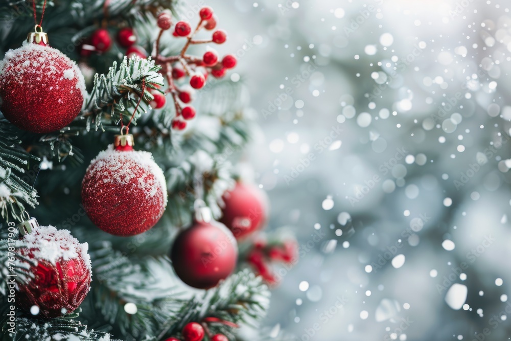 Christmas tree decorated with red balls with snowy decoration banner background greeting card illustration December xmas celebrate Christmas tree decorated with red balls with snowy decoration banner background greeting card illustration December xmas celebrate