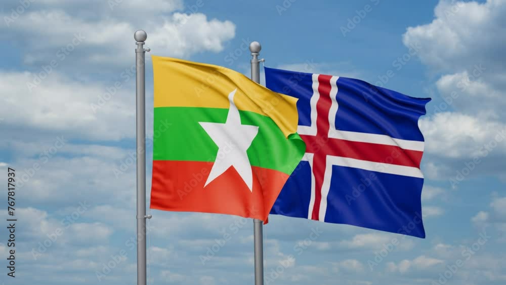 Iceland and Myanmar two flags waving together, looped video, two country cooperation concept Iceland and Myanmar two flags waving together, looped video, two country cooperation concept