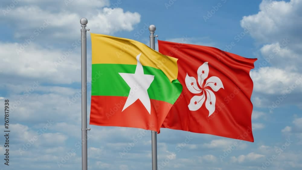 Hong Kong and Myanmar two flags waving together, looped video, two country relations concept Hong Kong and Myanmar two flags waving together, looped video, two country relations concept