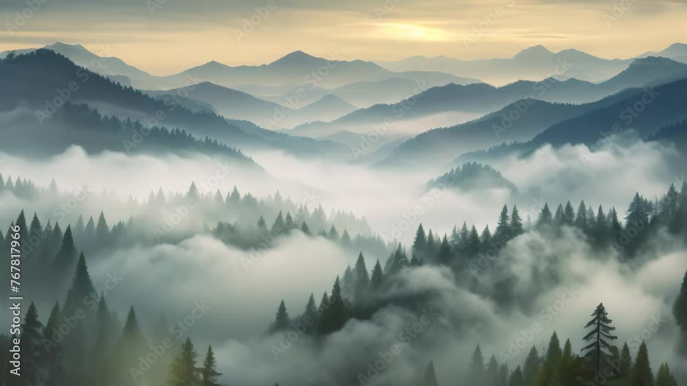 Landscape with fog in the mountains. Sunrise in the mountains, Photo realistic illustration of mountains forest fog morning mystic, AI Generated Landscape with fog in the mountains. Sunrise in the mountains, Photo realistic illustration of mountains forest fog morning mystic, AI Generated