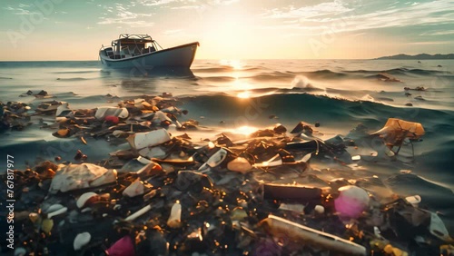 Garbage in the sea at sunset. Concept of environmental pollution, Pile of garbage and waste in the sea. Pollution of environment concept, AI Generated photo