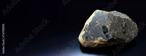Kaersutite is a rare precious natural stone on a black background. AI generated. Header banner mockup with space.