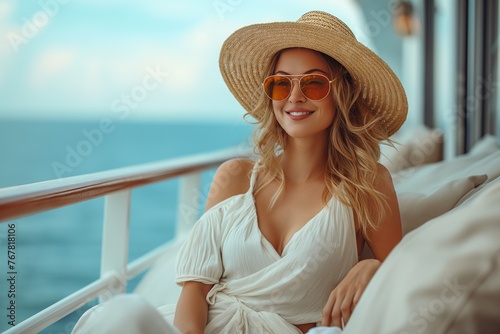 Cruise ship vacation, travel woman having fun feeling free enjoying luxury, elegant lady, carefree on deck