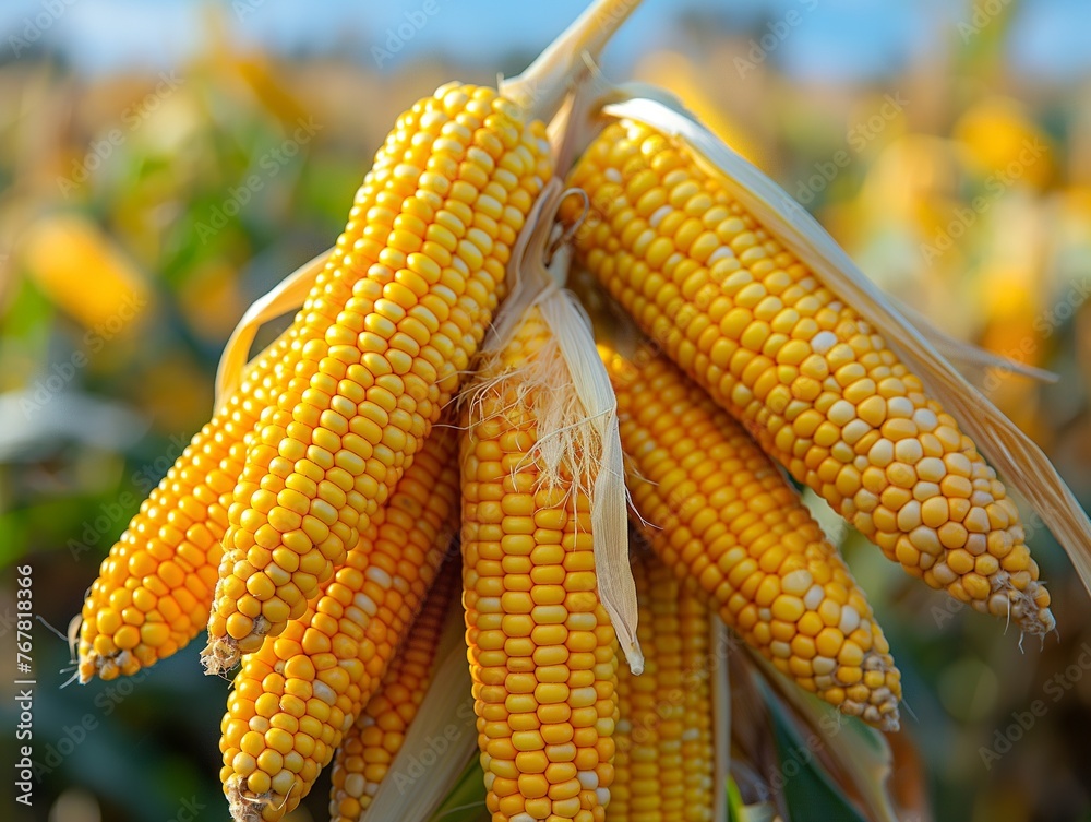 ears of corn on corn field against the sunset sky ears of corn on corn field against the sunset sky