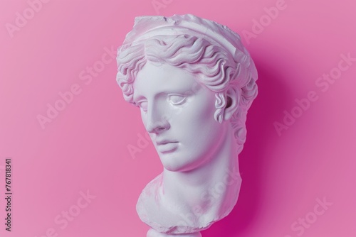 Apollos plaster head on a pink background. Retro art.
