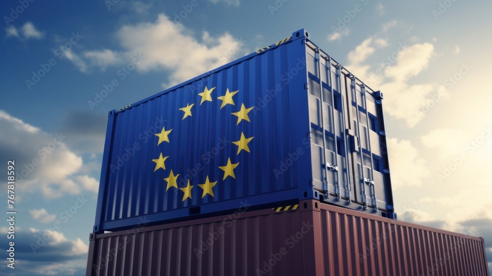 port crane holds a container with the flag of the European Union, port crane holds a container with the flag of the European Union,