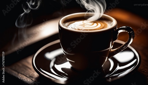 An inviting cup of coffee with a perfect latte art heart on top  steaming over a saucer in a warm  dark ambiance.